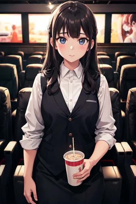 timido cute, 1girl, looking at viewer, absurdres, vest, movie theater, cinematic lighting, caustics,