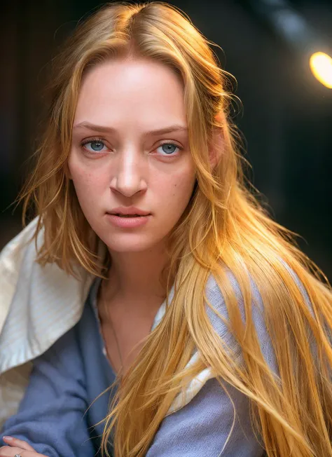 portrait of Uma Thurman, tired , wearing skirt , with natural blonde Blunt haircut , background Alphonse Mucha epic (photo, studio lighting, hard light, sony a7, 50 mm, matte skin, pores, colors, hyperdetailed, hyperrealistic), <lyco:Uma Thurman:1.1>