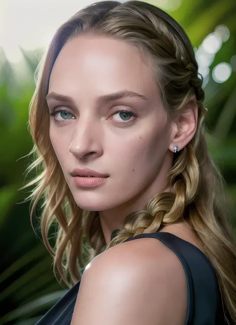 portrait of Uma Thurman, :d , wearing luxury fashion , with medium brown Fishtail braid , background jungle epic (photo, studio lighting, hard light, sony a7, 50 mm, matte skin, pores, colors, hyperdetailed, hyperrealistic), <lyco:Uma Thurman:1>