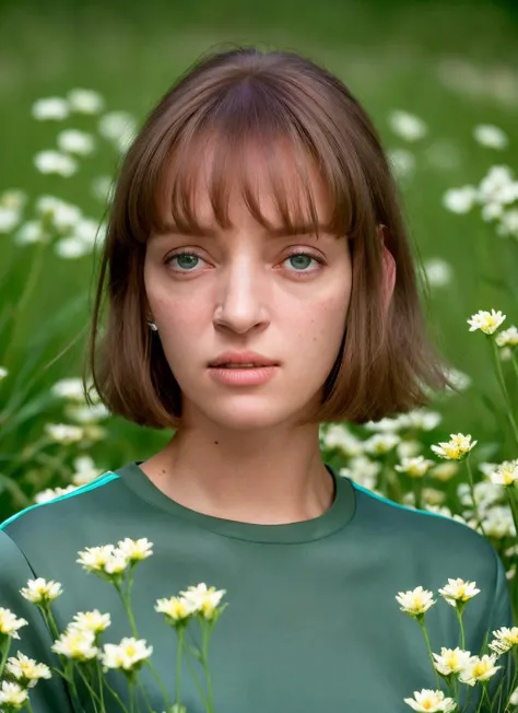 portrait of Uma Thurman, hopeful , wearing tracksuit , with green Side-swept bangs , background field of flowers epic (photo, studio lighting, hard light, sony a7, 50 mm, matte skin, pores, colors, hyperdetailed, hyperrealistic), <lyco:Uma Thurman:1.1>