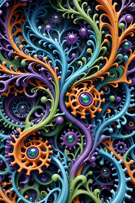 the image showcases a complex and intricate 3d structure that resembles a fusion of organic and mechanical elements. it has a myriad of swirling patterns, curves, and textures, rendered in vibrant hues of blue, purple, orange, and green. the structure appears to be composed of interconnected components, some resembling tendrils or roots, while others have a more mechanical or robotic appearance. the overall design is reminiscent of a fantastical creature or an abstract representation of nature and technology combined., <lora:sdxl_lightning_8step_lora.safetensors:0.7>