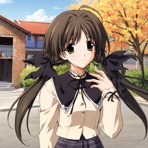 shirakawa hotaru, black hair ribbon, 1girl, autumn uniform, solo, (masterpiece,best quality:1.2)