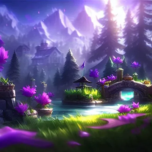 nature, landscape, trees, house, river, art by lol_splash
