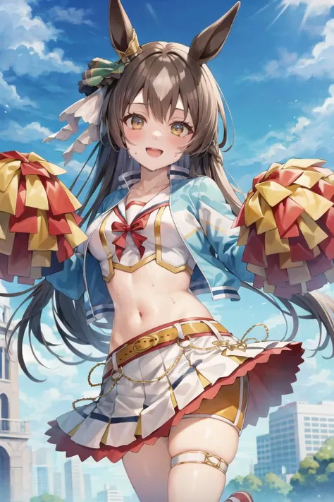 best quality,masterpiece, high res,original, beautiful detailed eyes,ultra-detailed, satono diamond \(umamusume\), 1girl, (RUN&WIN), midriff, cheerleader, belt, crop top, white skirt, pleated skirt, white shirt, miniskirt, sailor collar, orange shorts, shorts under skirt, yellow belt, blue jacket, jacket, long sleeves, smile, navel, looking at viewer, open mouth, sweat, blush, sky, cloud, breasts, collarbone, outdoors, blue sky, standing, standing on one leg, one leg raised
<lora:RUN&WIN:0.85> <lora:satonoDiamond_v10:0.65>
