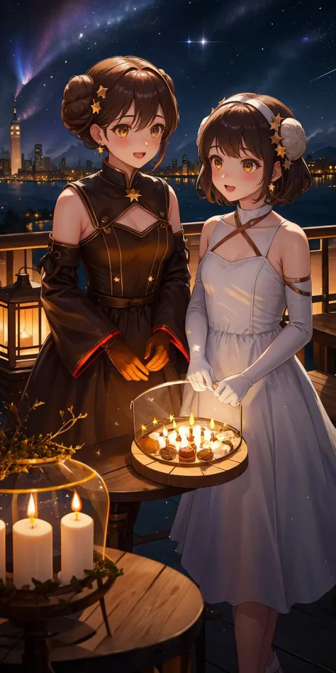 2girls, aerial fireworks, alcohol, astronaut, aurora, balcony, bare shoulders, black hair, bow, brown hair, building, cake, campfire, candle, candlelight, christmas lights, christmas tree, city lights, cityscape, constellation, cooking, crescent moon, cup, desert, double bun, dress, dusk, dust, earrings, earth \(planet\), elbow gloves, embers, festival, fire, fireflies, fireworks, flame, food, full moon, galaxy, gloves, gown, gradient sky, holding plate, holding tray, jewelry, lantern, light particles, lights, milky way, miyamizu mitsuha, moon, moonlight, multiple girls, night, night sky, onsen, open mouth, planet, plate, rocket, shooting star, short hair, sky, skyline, skyscraper, snowing, space, space craft, space helmet, spacesuit, sparkler, star \(sky\), star \(symbol\), starry background, starry sky, starry sky print, summer festival, tanabata, tanzaku, telescope, twilight, ufo, window, wine glass, steampunkai, <lora:SteamPunkAI:0.4>