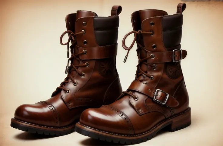 Steampunk inspired shoes, brown leather, gears, straps, white background, <lora:SteamPunkAI:0.4> CogPunkAI, SteampunkAI