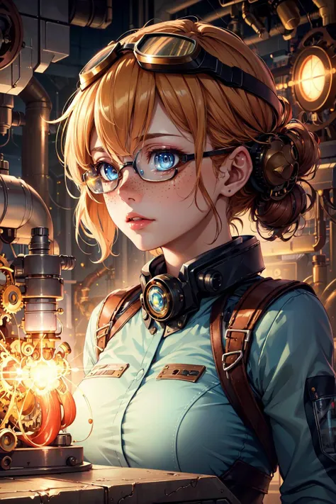 photorealistic, (hyperrealistic:1.2), beautiful, masterpiece, best quality,
1 girl, adult  woman, freckles, light blue eyes, chestnut prom hairstyle,
 looking up, solo, half shot, detailed background, detailed face, (<lora:SteamPunkAI:0.4>, cogpunkai, cogpunk theme:1.1), inventor, safety-goggles, shirt, science, advanced technology, fantastical science lab in background, physics, particle accelerator,  sparks, nuclear science, dark matter,  atom model, test chamber, bright lighting, flashing lights,
<lora:grullborgCopycat_grullborgStyleR8V4:0.3>,