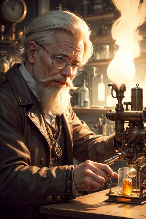 (1man, wrinkled face, old ukrainian male:1.2), wise,  blue eyes, platinum blonde hair, beard,
 looking down, solo, half shot, detailed background, detailed face, (<lora:SteamPunkAI:0.4>, steampunkai, steampunk theme:1.1), researcher,  shirt, innovation, advanced technology, fantastical science lab in background, chemistry, vials, test tubes, medicine, [lab mask:gas mask:0.2], liquid tanks, bunsen burner,   
<hypernet:sxzBloom_sxzBloom:0.2>,
