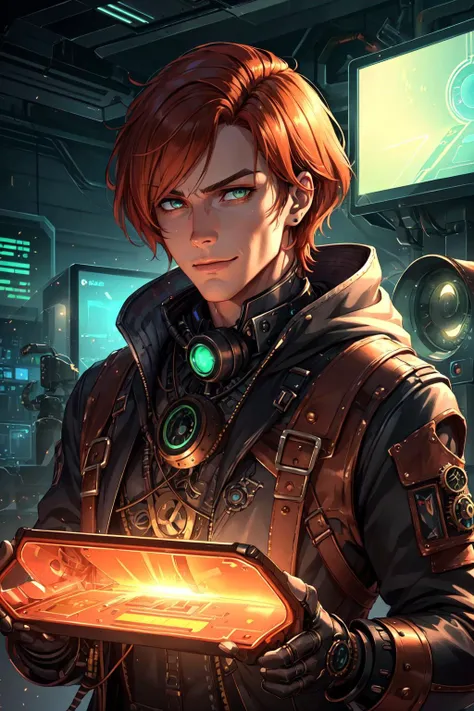 photorealistic, (hyperrealistic:1.2), beautiful, masterpiece, best quality,
(1man, masculine adult male:1.2), coral eyes, copper hair, comb over,
looking at viewer, solo, upper body, detailed background, detailed face, (<lora:SteamPunkAI:0.4>, steampunkai, steampunk theme:1.1) evil high-tech futuristic hacker, smirk, advanced technology, hoodie, techwear, cables, head-up display, (holographic display:1.05), unauthorized, numbers, artificial intelligence, screens in background, green lights, stealth, dark sinister atmosphere,