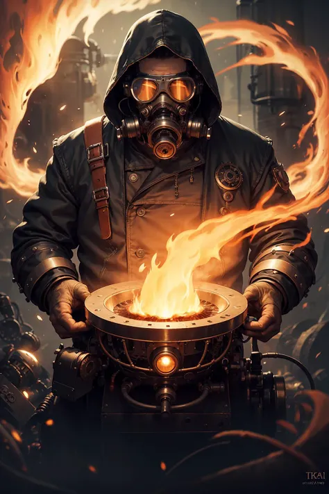 (1man, fat adult male:1.2), red eyes, gray hair, mid-fade,
(style-swirlmagic:0.9), (steampunk cyborg:0.8), portrait, (bloody wounds:0.7), looking down, solo, (full body:0.6), detailed background, (<lora:SteamPunkAI:0.4>, steampunkai, steampunk theme:1.1) determined expression, dim lighting tinkerer, floating lights, yellow mechanical armor , techwear, hood, goggles, dark cave in background, furnace, soot, levers, flames
