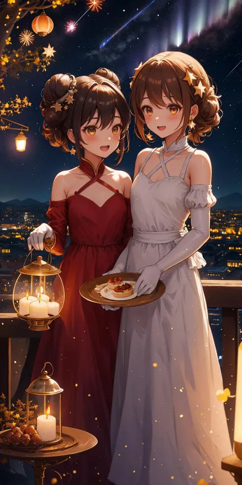 2girls, aerial fireworks, alcohol, astronaut, aurora, balcony, bare shoulders, black hair, bow, brown hair, building, cake, campfire, candle, candlelight, christmas lights, christmas tree, city lights, cityscape, constellation, cooking, crescent moon, cup, desert, double bun, dress, dusk, dust, earrings, earth \(planet\), elbow gloves, embers, festival, fire, fireflies, fireworks, flame, food, full moon, galaxy, gloves, gown, gradient sky, holding plate, holding tray, jewelry, lantern, light particles, lights, milky way, miyamizu mitsuha, moon, moonlight, multiple girls, night, night sky, onsen, open mouth, planet, plate, rocket, shooting star, short hair, sky, skyline, skyscraper, snowing, space, space craft, space helmet, spacesuit, sparkler, star \(sky\), star \(symbol\), starry background, starry sky, starry sky print, summer festival, tanabata, tanzaku, telescope, twilight, ufo, window, wine glass, steampunkai, <lora:SteamPunkAI:0.4>