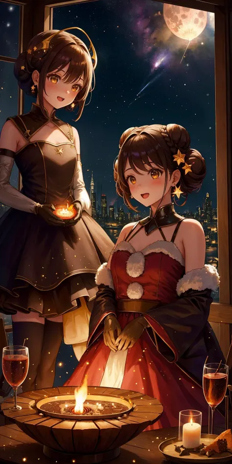 2girls, aerial fireworks, alcohol, astronaut, aurora, balcony, bare shoulders, black hair, bow, brown hair, building, cake, campfire, candle, candlelight, christmas lights, christmas tree, city lights, cityscape, constellation, cooking, crescent moon, cup, desert, double bun, dress, dusk, dust, earrings, earth \(planet\), elbow gloves, embers, festival, fire, fireflies, fireworks, flame, food, full moon, galaxy, gloves, gown, gradient sky, holding plate, holding tray, jewelry, lantern, light particles, lights, milky way, miyamizu mitsuha, moon, moonlight, multiple girls, night, night sky, onsen, open mouth, planet, plate, rocket, shooting star, short hair, sky, skyline, skyscraper, snowing, space, space craft, space helmet, spacesuit, sparkler, star \(sky\), star \(symbol\), starry background, starry sky, starry sky print, summer festival, tanabata, tanzaku, telescope, twilight, ufo, window, wine glass, steampunkai, <lora:SteamPunkAI:0.4>
