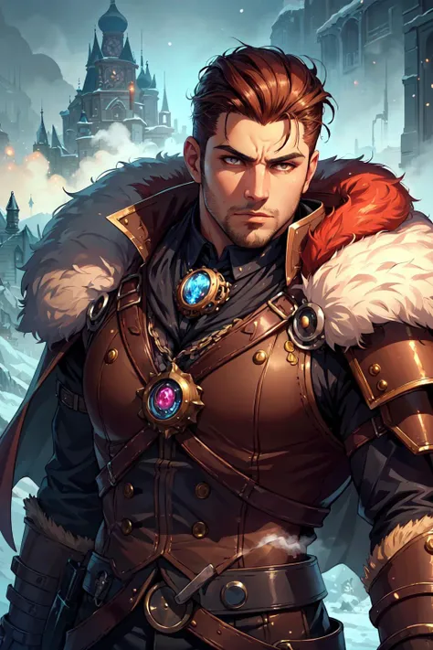 photorealistic, (hyperrealistic:1.2), beautiful, masterpiece, best quality,
(1man, fat adult russian male:1.2), black eyes, auburn hair, slick back,
portrait, solo, upper body, detailed background, detailed face, (<lora:SteamPunkAI:0.4>, steampunkai, steampunk theme:1.1), pink northern warrior, (glowing eyes:1.05), stern expression, paladin, dynamic pose, furs, cape, cold, snowy background, crystal landscape in background epic atmosphere,