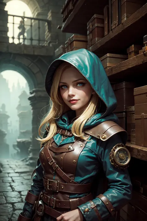 1 girl, adult (elven:0.7) woman, teal eyes, blonde hair flaps,
portrait, looking at viewer, solo, (full body:0.6), detailed background, detailed face, (<lora:SteamPunkAI:0.4>, cogpunkai, cogpunk industrial, theme:1.1), smirk, saboteur, (tattoos:0.9), elaborate dark leather (armor:0.7), lockpick, hood, high fantasy medieval setting, dark cave background, stealth, illegal, shady dealings, stolen goods, (crates in background:0.8), secret passage, shadows, dark atmosphere,
scg, <lora:stylized3DModelLora_v20:0.2>,