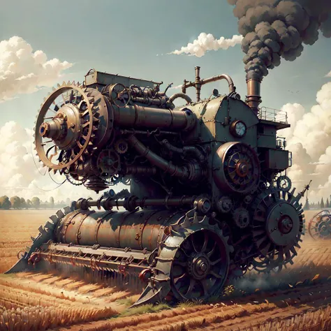<lora:SteamPunkAI:.7> SteamPunkAI , Cogpunk combine harvester on field