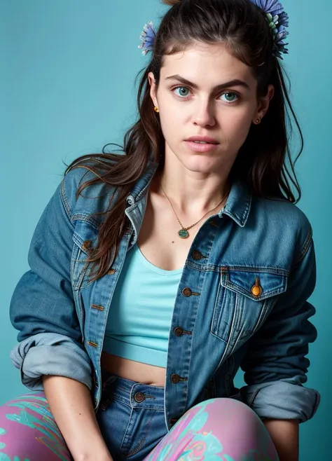 A stunning intricate color close up portrait of (alexandradaddario-ti:1) , wearing Denim jacket and leggings, epic character composition, sharp focus, natural lighting, subsurface scattering, f2, 35mm, film grain, , by David LaChapelle