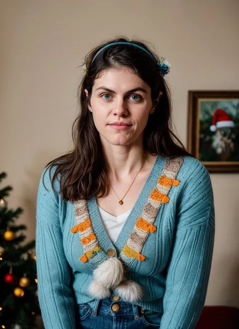RAW photo of alexandradaddario-ti, natural lighting, 8k uhd, dslr, high quality, film grain, Fujifilm XT3, <lora:add_detail:0.7>, by Dominique Issermann, christmas theme