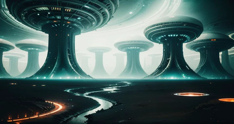 photograph of a alien world under the ground,A dramatic photograph of city under the ground,a futuristic city , (a futuristic city:1.4) below the ground of north pole, a underground city, (modern alien buildings:1.4).The atmospheric lighting and sense of mystery create a captivating scene reminiscent of science fiction movies cinematic, film grain, realistic ,50mmatmospheric lighting and sense of mystery,cinematic, film grain, realistic ,mythological dystopia, glowing,intricate geometric patterns, Each pulsating node emits a soft, otherworldly glow, spellbinding ambiance throughout the scene. reflective themecinematic look, 50mm <lora:Alienscape:.6> otherscape