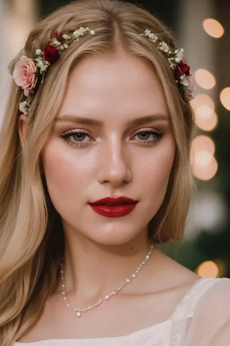 close-up portrait photography of a beautiful smiling blonde dutch girl in a wedding ceremony, cinematic scene, volumetric lights, front camera view, bokeh, gloom, red lips, white porcelain skin, (freckles:0.75), roses, masterpiece, detailed, perfect hazel eyes