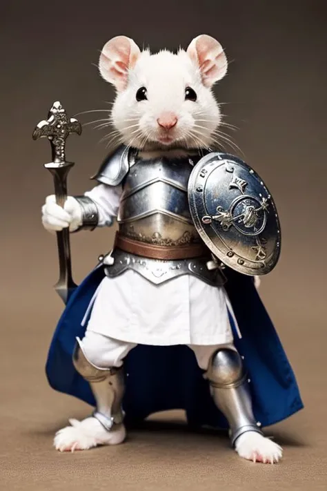 super cute white rat standing on hind paws,holding sword and shield,wearing armor,epiCPhoto,epiCPhotoGasm-colorfulPhoto,award-winning photography
