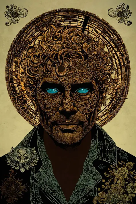 fugitive shaped like a rusty porcelain doctor, vector art, illustration, high contrast, bright highlights, dark shadows, subdued colors, highly detailed, intricate, complex, labyrinthine