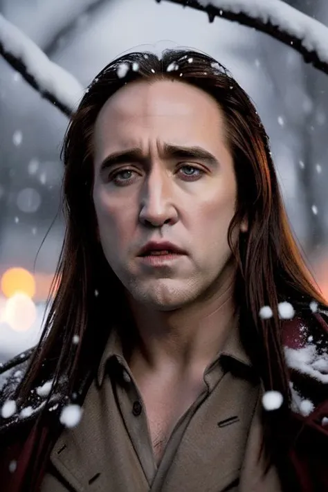 film scene,Twilight,[Nicholas Cage:Bella Swan:0.8],outdoors,snow,epiCPhoto,Nicholas Cage's face on Bella Swan's body,Twilight film poster