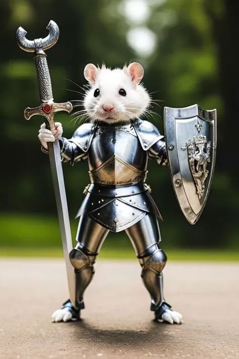 super cute white rat standing on hind paws,holding sword and shield,wearing armor,epiCPhoto,epiCPhotoGasm-colorfulPhoto,award-winning photography