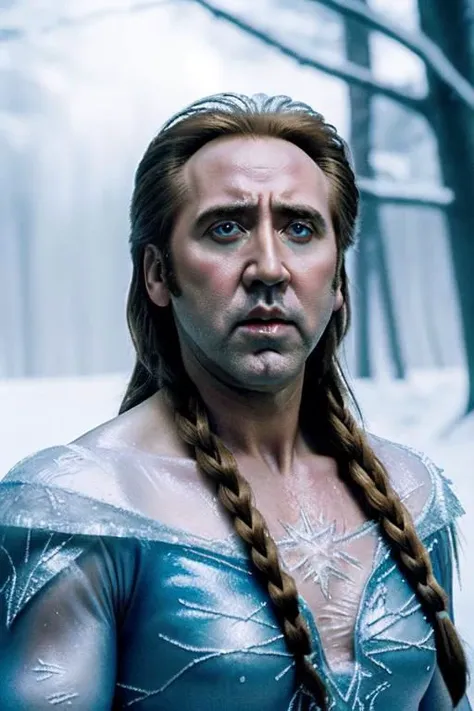 cinematic film scene,(Nicolas Cage:1) as Elsa in "Frozen",epiCPhoto,Nicolas Cage wearing Elza Frozen costume