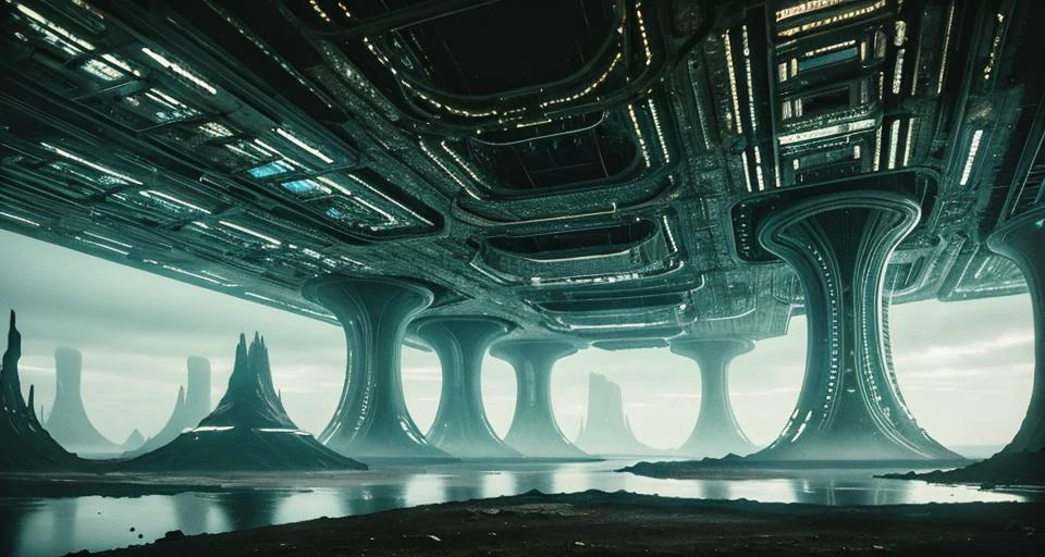 photograph of a alien world under the ground,A dramatic photograph of city under the ground,a futuristic city , (a futuristic city:1.4) below the ground of north pole, (modern alien buildings:1.4).The atmospheric lighting and sense of mystery create , cinematic, film grain, realistic ,50mm, atmospheric lighting and sense of mystery, realistic ,mythological dystopia, glowing,intricate geometric patterns, Each pulsating node emits a soft,<lora:Alienscape:.4> otherscape