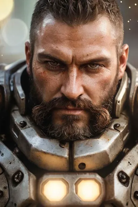 close up Portrait photo of muscular bearded guy in a worn mech suit, ((light bokeh)), intricate, (steel metal [rust]), elegant, sharp focus, photo by greg rutkowski, soft lighting, vibrant colors, masterpiece, ((streets)), detailed face