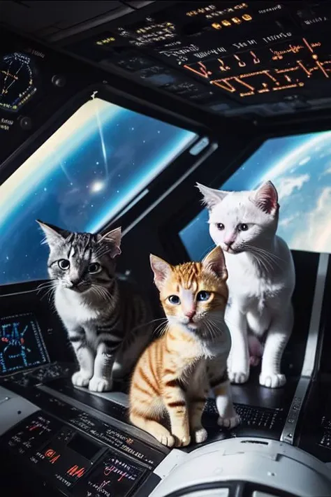 kittens arguing over map coordinates on screen in cockpit of spaceship,flying through space,interstellar travel,cat piloting UFO,epiCPhoto,epiCPhotoGasm-colorfulPhoto,award-winning photography,space kittens!