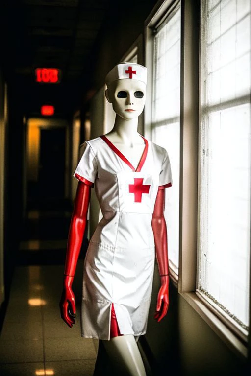 a creepy female mannequin wearing a nurse costume standing in hospital hallway,peeling wallpaper,dark lighting,Silent Hill,scary,epiCPhoto