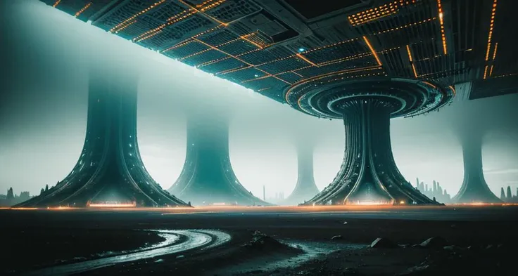 photograph of a alien world under the ground,A dramatic photograph of city under the ground,a futuristic city , (a futuristic city:1.4) below the ground of north pole, (modern alien buildings:1.4).The atmospheric lighting and sense of mystery create , cinematic, film grain, realistic ,50mm, atmospheric lighting and sense of mystery, realistic ,mythological dystopia, glowing,intricate geometric patterns,  Each pulsating node emits a soft,<lora:Alienscape:.4> otherscape