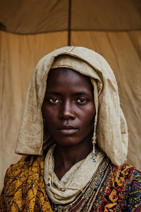 nuer woman, tent interior, savannah, vivid eyes, raw photo, editorial photography, national geographic style, sharp focus on eyes