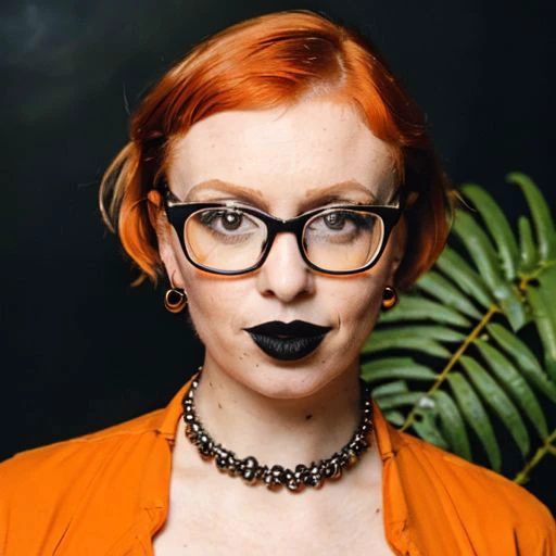 a nerdy woman with square glasses and short cropped ginger hair,black lipstick,black choker collar,holding a can of Yerba Mate,orange background,epiCPhoto