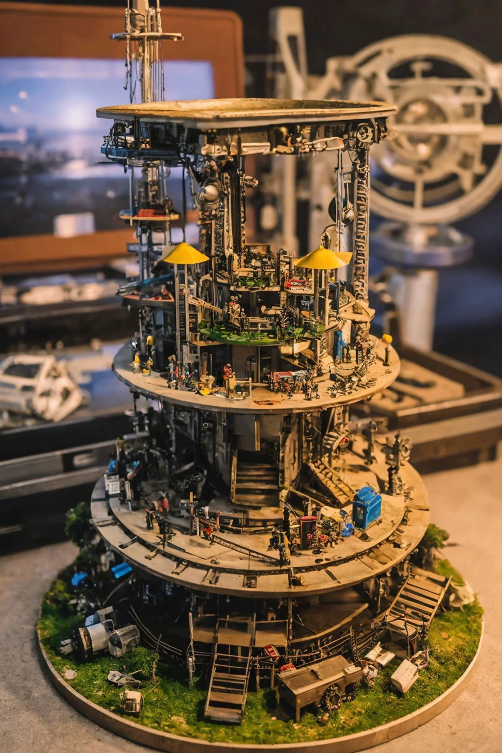 cybernetic scene in a futuristic sci-fi world, (futuristic cybernetic rube goldberg machine in the center of the image:1.2) arranged in a detailed still life scene in a diorama, kitsch, high tech,crisp,cinematic,anime influence,ultramodern, sharp focus, wide angle lens, scenic