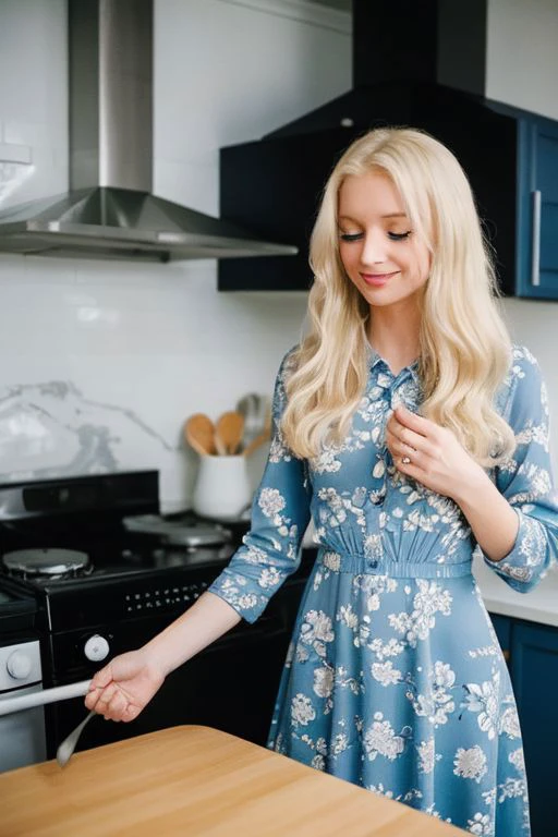 a beautiful super cute 18 traditional housewife with light blonde hair and light pale skin and blue eyes,wearing (blue_floral_sundress),lipstick,standing in kitchen,cooking dinner,smiling,blushing,happy,epiCPhoto,This_Is_What_They_Took_From_You,award-winning photography,dynamic angle