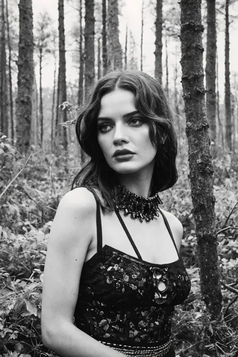 sfw, modern technogoth, desert, model pose, detailed forest background, 1970s b&w soviet,vintage,grindhouse fashion, RAW photo, high fashion, trendy, stylish, editorial, magazine style, professional, highly detailed