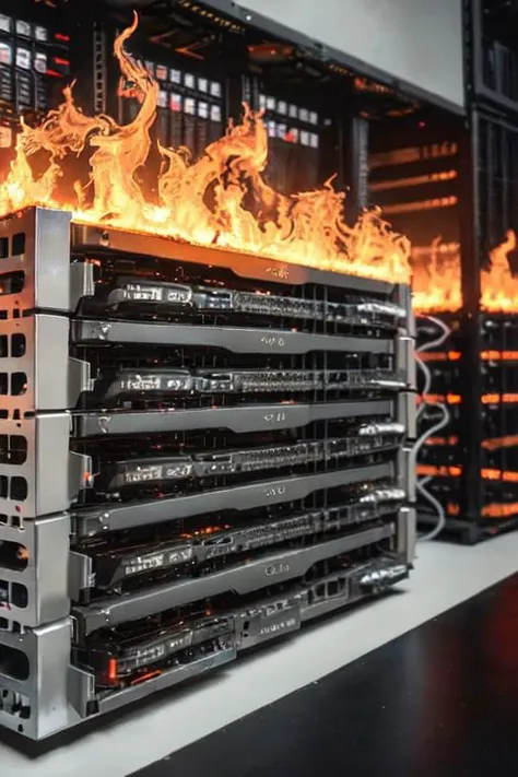 cinematic,photo of GPU server rack on fire,melting server rack,epiCPhoto