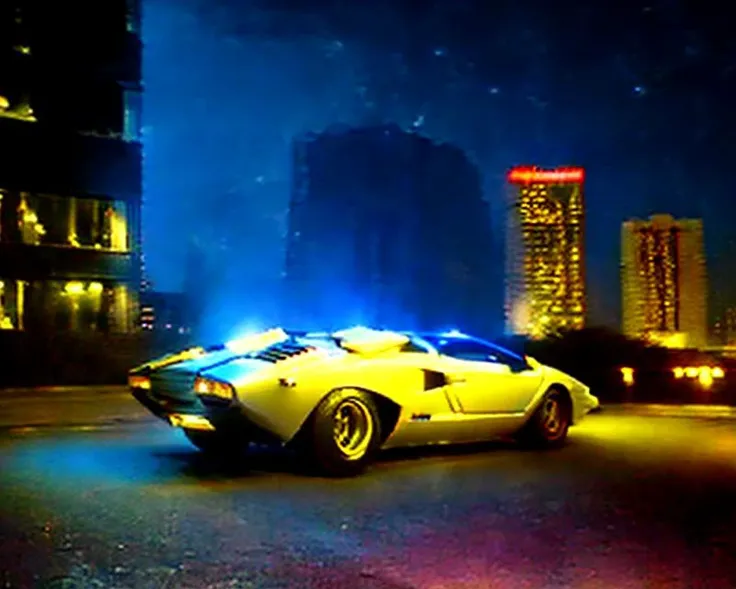analog gloomy photo of an iridescent silver Lamborghini Countach car with lowered suspension, <lora:c0unt4ch:0.9>, ((at night)), in a city, (many dark modern chinese skyscrapers in the background)), ((people walking on the street)), futuristic, magical, surreal, dreamy, High Detail, Sharp focus, (photorealism), realistic, best quality, 8k, award winning, dramatic lighting, epic, cinematic, masterpiece, rim light, ambient fog:1.5, dutch angle, ultra wide angle lens, <lora:old_siemens:1>, old_siemens, night sky, black sky, ((moonlit))