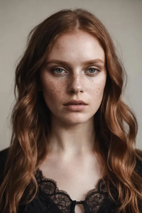 (8k, RAW photo, highest quality), beautiful girl, close up, dress, (detailed eyes:0.8), defiance512, (looking at the camera:1.4), (highest quality), (best shadow), intricate details, interior, ginger hair:1.3, dark studio, muted colors, freckles