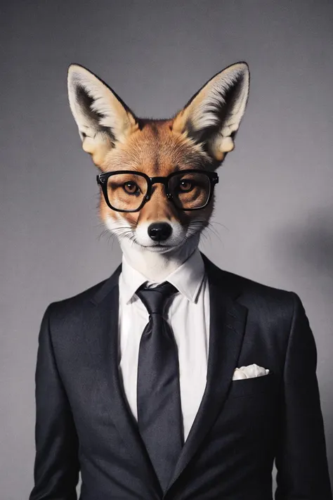 animal portrait photo of a cute fox in a suit, wearing eyeglasses, taken on a hasselblad medium format camera, dark theme, best shadows