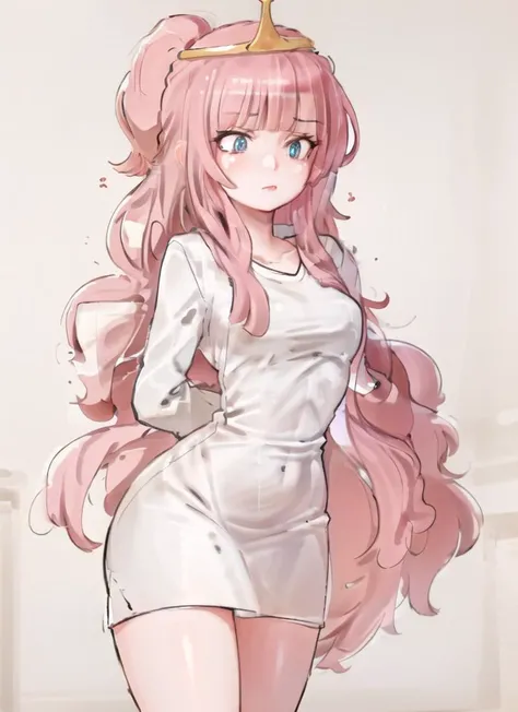 ((best quality)), ((highly detailed)), masterpiece, detailed face, beautiful face, (detailed eyes, deep eyes), (1girl), cowboy shot, <lora:pajama challenge:.7>, pajama challenge, arms behind back, <lora:princessBonnibel_01:.7>, bubblegumwaifu, long hair, pink hair, blunt bangs, (colored skin, pink colored skin:1.2), blue eyes, medium breasts, gold crown, pink dress, long dress, lab coat over dress, in a laboratory