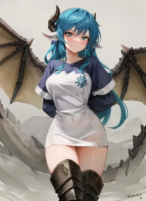 ((best quality)), ((highly detailed)), masterpiece, (detailed eyes, deep eyes), (1girl), cowboy shot, <lora:pajama challenge:.8>, pajama challenge, shirt, arm behind back, <lora:aiomonstergirls_loraLocon:.1>, dragon girl, scales, dragon horns, dragon tail, dragon wings, armored boots