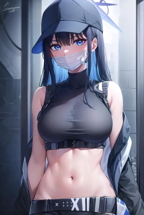 saorijoumae, <lora:saorijoumae-lora-nochekaiser:1>,
saori joumae, blue eyes, blue hair, halo, long hair, mask, mouth mask,
BREAK bare arms, bare shoulders, belt, black headwear, black pants, black shirt, blue gloves, crop top, gloves, leggings, midriff, navel, pants, shirt, sleeveless, sleeveless shirt,
BREAK looking at viewer,
BREAK indoors,
BREAK <lyco:GoodHands-beta2:1>, (masterpiece:1.2), best quality, high resolution, unity 8k wallpaper, (illustration:0.8), (beautiful detailed eyes:1.6), extremely detailed face, perfect lighting, extremely detailed CG, (perfect hands, perfect anatomy),