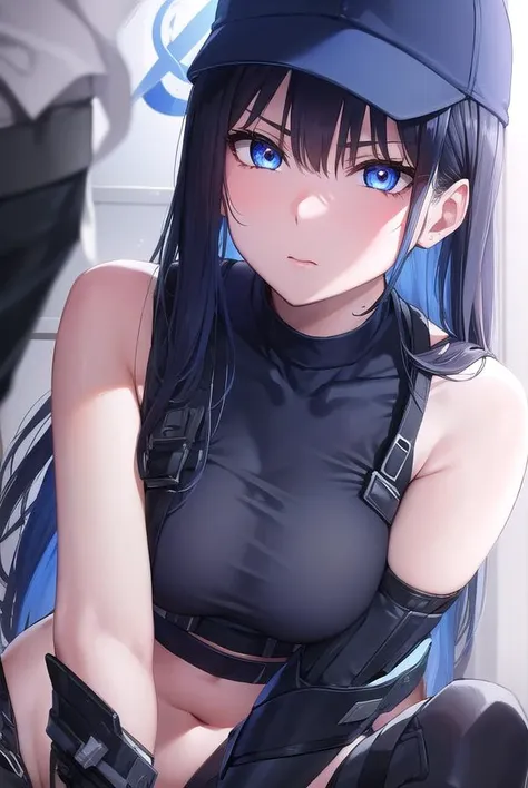 saorijoumae, <lora:saorijoumae-lora-nochekaiser:1>,
saori joumae, blue eyes, blue hair, halo, long hair, mask, mouth mask,
BREAK bare arms, bare shoulders, belt, black headwear, black pants, black shirt, blue gloves, crop top, gloves, leggings, midriff, navel, pants, shirt, sleeveless, sleeveless shirt,
BREAK looking at viewer,
BREAK indoors,
BREAK <lyco:GoodHands-beta2:1>, (masterpiece:1.2), best quality, high resolution, unity 8k wallpaper, (illustration:0.8), (beautiful detailed eyes:1.6), extremely detailed face, perfect lighting, extremely detailed CG, (perfect hands, perfect anatomy),