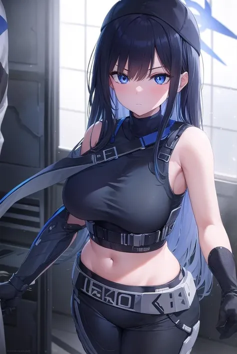 (Masterpiece, Best Quality:1.2), 独奏, 1girl, saori \(Blue Archive\), mouth mask, looking at the side, Long hair, black hair, baseball cap, Halo, blue eyes, Revealing clothes, off-shoulder, coat, crop-top, chest harness, Black pants, leggings, sweat, wet, abs, ((belly punching)), ((ryona)), ((bruises)), ((cum on clothes:1.1)), ((big breasts))