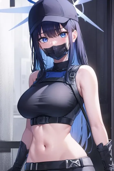 saorijoumae, <lora:saorijoumae-lora-nochekaiser:1>,
saori joumae, blue eyes, blue hair, halo, long hair, mask, mouth mask,
BREAK bare arms, bare shoulders, belt, black headwear, black pants, black shirt, blue gloves, crop top, gloves, leggings, midriff, navel, pants, shirt, sleeveless, sleeveless shirt,
BREAK looking at viewer,
BREAK indoors,
BREAK <lyco:GoodHands-beta2:1>, (masterpiece:1.2), best quality, high resolution, unity 8k wallpaper, (illustration:0.8), (beautiful detailed eyes:1.6), extremely detailed face, perfect lighting, extremely detailed CG, (perfect hands, perfect anatomy),