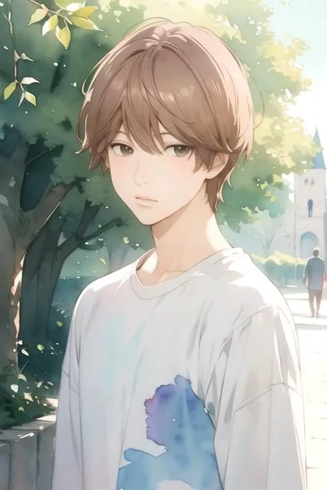 masterpiece, best quality, sketch, 1boy, solo, male focus, looking at viewer, upper body, depth of field, (watercolor illustration, soft pastel colors:1.1), , <lora:makoto_sunakawa:0.72>, makoto_sunakawa, brown hair, brown eyes, , , medieval europe,