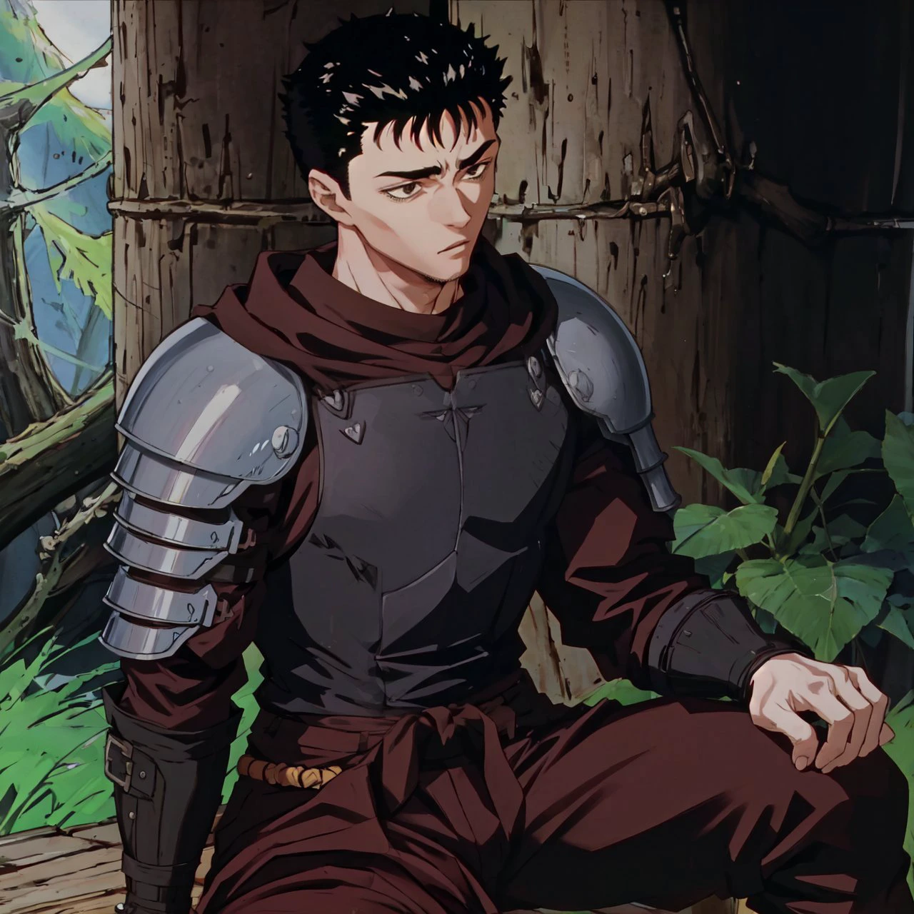 <lora:kenpuu_denki_berserk-10:1>, kenpuu_denki style,guts, pants, sword on shoulder, forest, short hair,man, close up,black hair, sitting,brown eyes, looking down